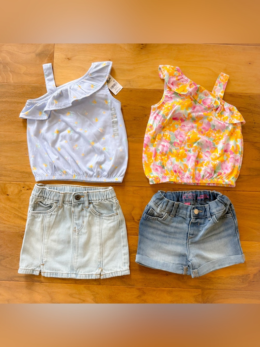 Two Girls Outfits; 2 Asymmetrical Tops, 1 Shorts, 1 Skirt, 3T, Great Condition!!